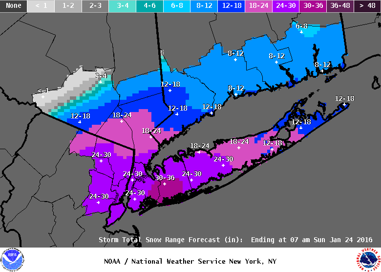 Blizzard Of 2016 NWS NY Snow fall totals